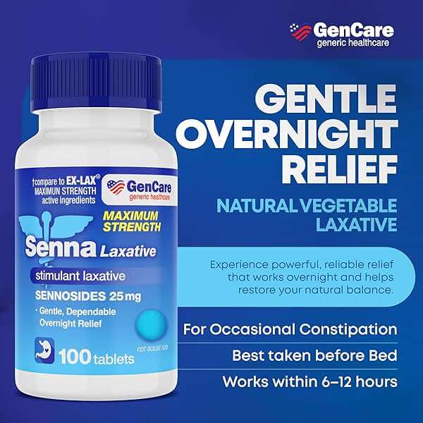 GenCare - Maximum Strength Senna Laxative 25mg (100 Tablets) - Gentle Constipation Relief Sennosides USP Stimulant Laxatives Digestion Pills - Natural Overnight Relief while You Sleep - Generic Ex Lax - Image 2