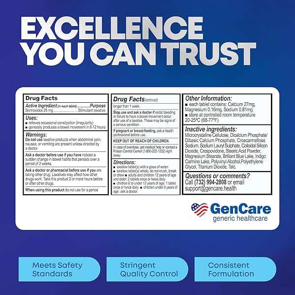 GenCare - Maximum Strength Senna Laxative 25mg (100 Tablets) - Gentle Constipation Relief Sennosides USP Stimulant Laxatives Digestion Pills - Natural Overnight Relief while You Sleep - Generic Ex Lax - Image 6