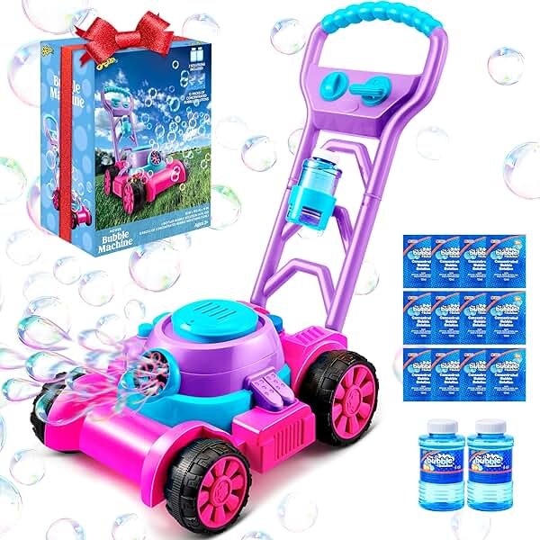 SLOOSH Bubble Lawn Mower Toddler Toys - Spill-Proof Bubble Machine Pretend Gardening Toy for Age 1 2 3 1-3 Year Old Toddler Indoor Outdoor Use, Baby Girl Push Toys Easter Birthday Gift (Pink) - Product Image