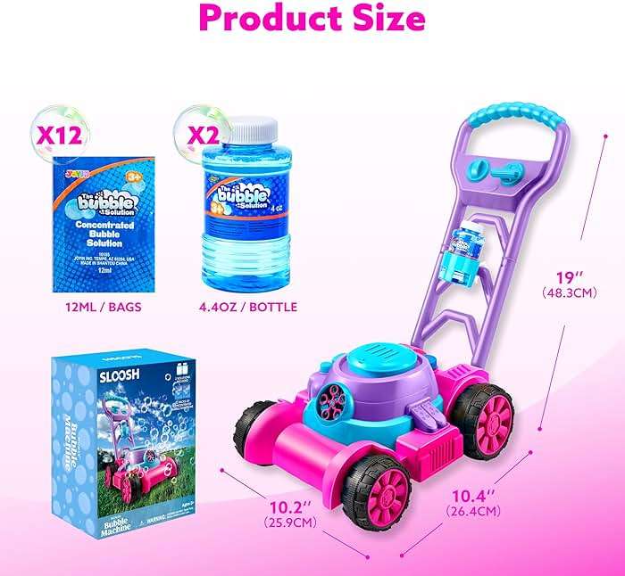 SLOOSH Bubble Lawn Mower Toddler Toys - Spill-Proof Bubble Machine Pretend Gardening Toy for Age 1 2 3 1-3 Year Old Toddler Indoor Outdoor Use, Baby Girl Push Toys Easter Birthday Gift (Pink) - Image 3