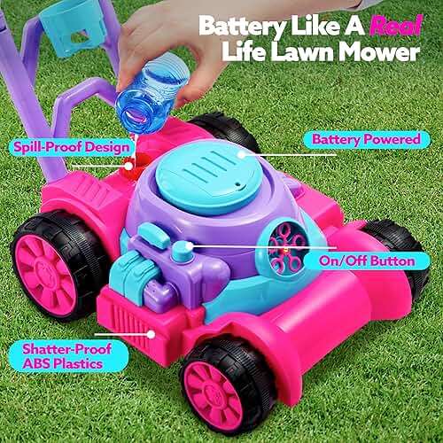 SLOOSH Bubble Lawn Mower Toddler Toys - Spill-Proof Bubble Machine Pretend Gardening Toy for Age 1 2 3 1-3 Year Old Toddler Indoor Outdoor Use, Baby Girl Push Toys Easter Birthday Gift (Pink) - Image 4