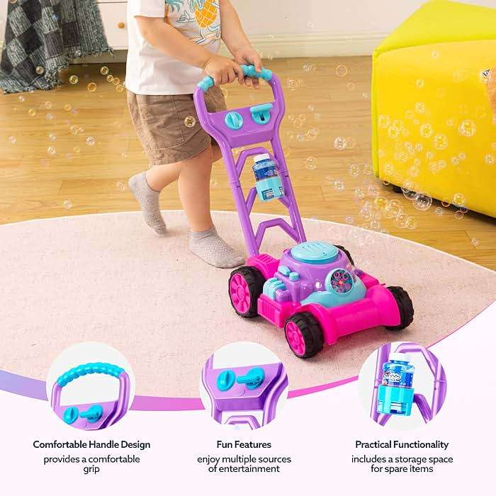 SLOOSH Bubble Lawn Mower Toddler Toys - Spill-Proof Bubble Machine Pretend Gardening Toy for Age 1 2 3 1-3 Year Old Toddler Indoor Outdoor Use, Baby Girl Push Toys Easter Birthday Gift (Pink) - Image 6