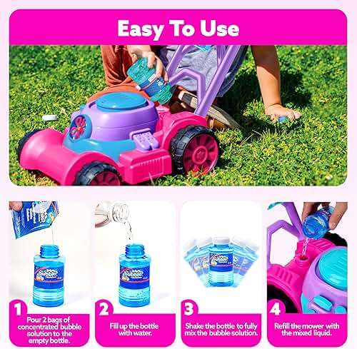 SLOOSH Bubble Lawn Mower Toddler Toys - Spill-Proof Bubble Machine Pretend Gardening Toy for Age 1 2 3 1-3 Year Old Toddler Indoor Outdoor Use, Baby Girl Push Toys Easter Birthday Gift (Pink) - Image 7