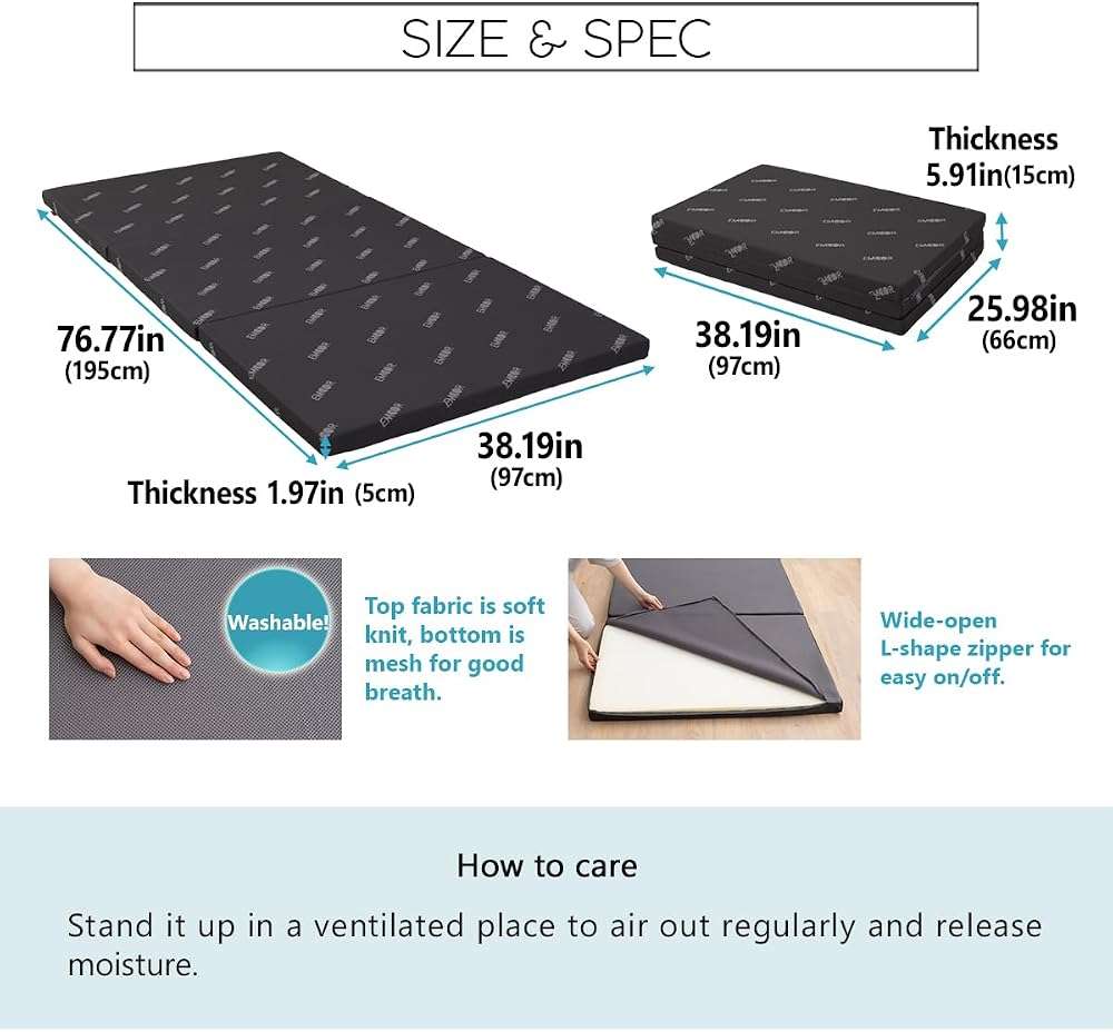EMOOR 2in Tri-Fold Underlay Mattress for Japanese Futon Mattress Start High Resilience Foam 30D/180N Twin (77x38in) Dark Gray, Tatami Floor Sleeping - Image 2