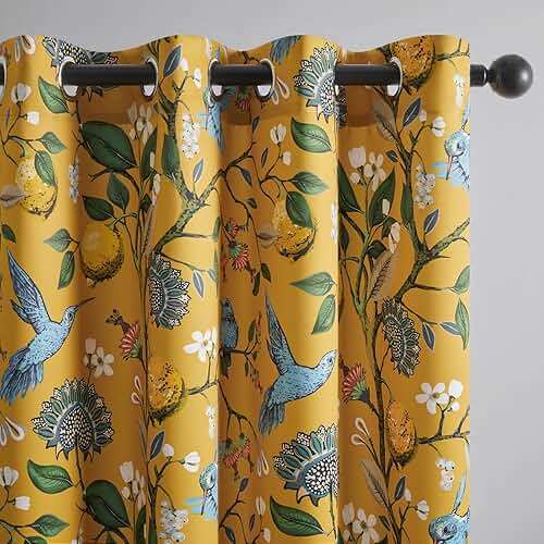 Topfinel Mustard Yellow Vintage Curtains & Drapes 84 Inches Long, Grommet Luxury Whimsical Floral Lemon Hummingbird Patterned Waverly Mid Century Colorful Blackout Drapes for Living Room Bedroom - Image 1
