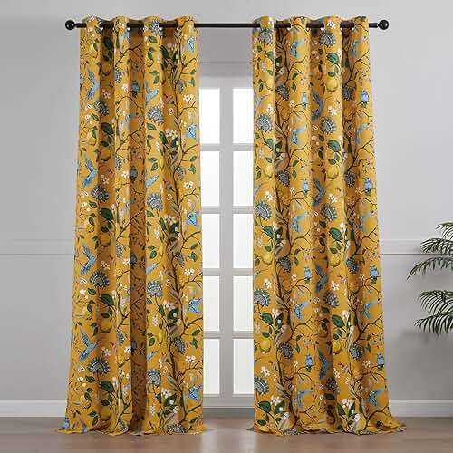 Topfinel Mustard Yellow Vintage Curtains & Drapes 84 Inches Long, Grommet Luxury Whimsical Floral Lemon Hummingbird Patterned Waverly Mid Century Colorful Blackout Drapes for Living Room Bedroom - Image 2