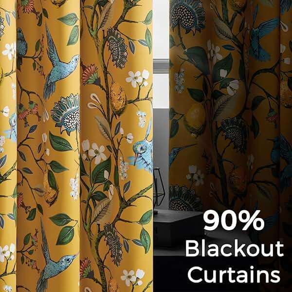 Topfinel Mustard Yellow Vintage Curtains & Drapes 84 Inches Long, Grommet Luxury Whimsical Floral Lemon Hummingbird Patterned Waverly Mid Century Colorful Blackout Drapes for Living Room Bedroom - Image 5
