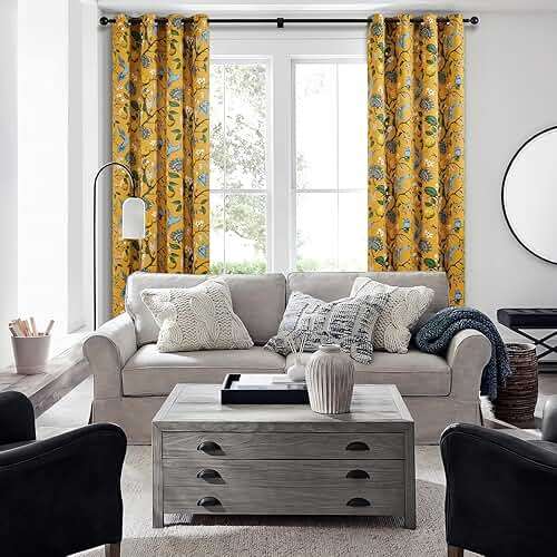 Topfinel Mustard Yellow Vintage Curtains & Drapes 84 Inches Long, Grommet Luxury Whimsical Floral Lemon Hummingbird Patterned Waverly Mid Century Colorful Blackout Drapes for Living Room Bedroom - Image 6
