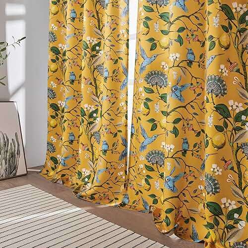 Topfinel Mustard Yellow Vintage Curtains & Drapes 84 Inches Long, Grommet Luxury Whimsical Floral Lemon Hummingbird Patterned Waverly Mid Century Colorful Blackout Drapes for Living Room Bedroom - Image 9