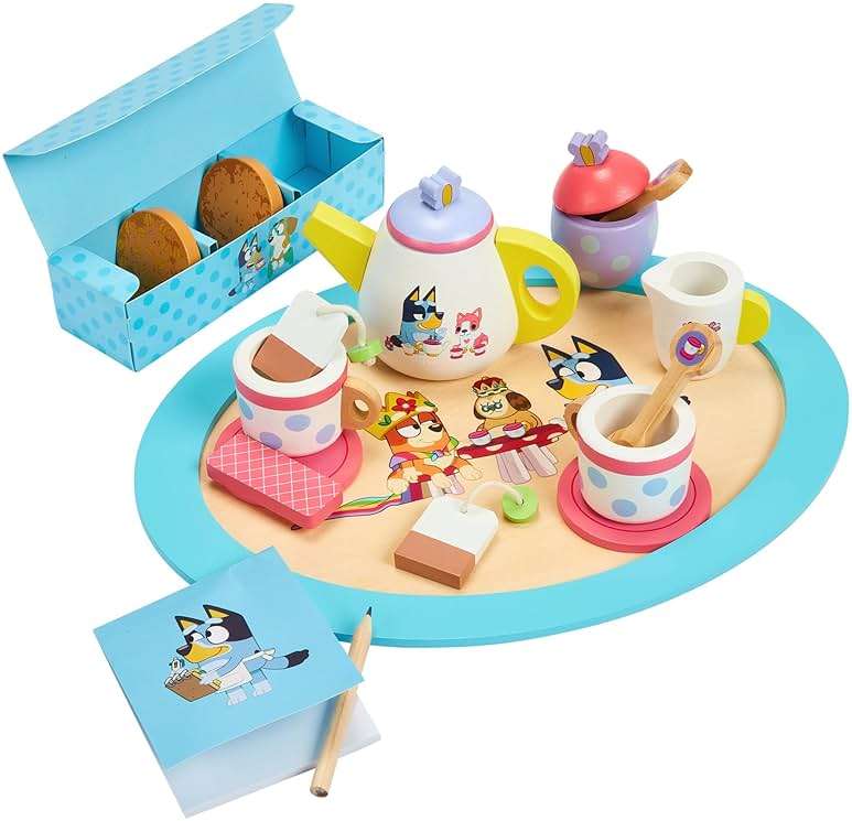 8th Wonder Bluey Toys Wooden Tea Party Set, 18-Piece Durable Toy Tea Set with Tray, Teapot, Teaspoons, and More, Pretend Play for Toddlers of Ages 3+ - Image 1