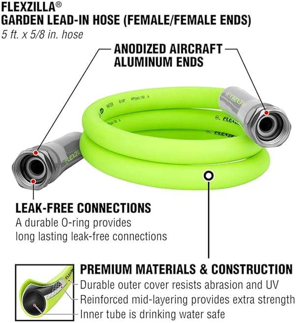 Flexzilla Garden Lead-in Hose, 5/8" x 5', Female/Female 3/4" - 11 1/2 GHT Fittings - Image 3