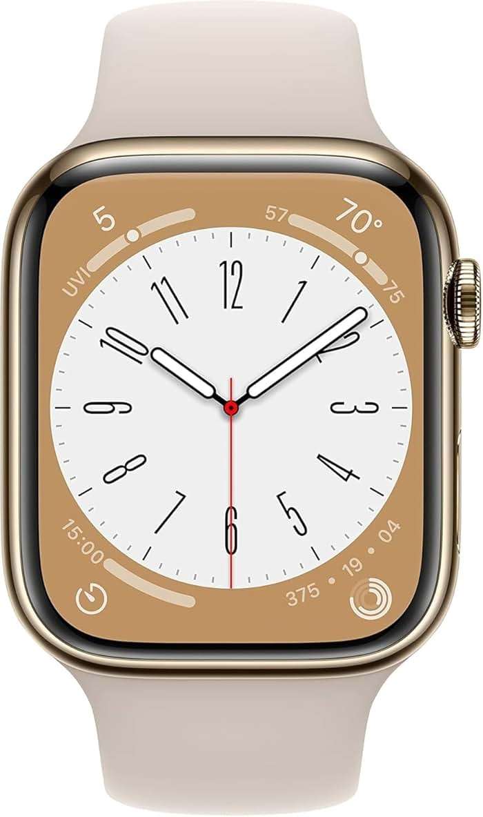 Apple Watch Series 8 (GPS + Cellular, 45mm) - Gold Stainless Steel Case with Starlight Sport Band (Renewed) - Image 2