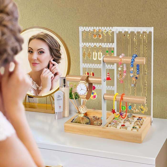 Godboat Jewelry Organizer, 4-Tier Earring Holder Organizer with 48 Holes, 6 Hooks Necklace Rack, Bracelet and Ring Stand with Wood Box, Gifts for Mothers Mom Women, Preppy Stuff & Room Decor, (White) - Image 3