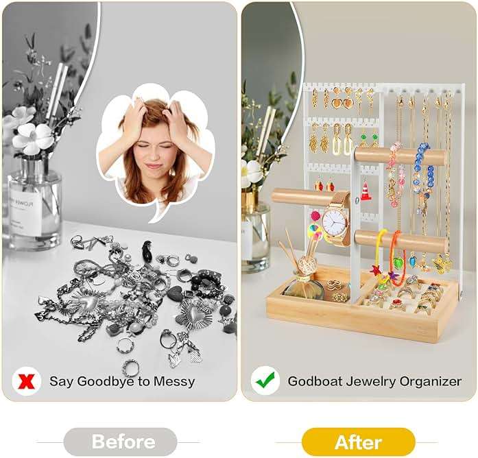 Godboat Jewelry Organizer, 4-Tier Earring Holder Organizer with 48 Holes, 6 Hooks Necklace Rack, Bracelet and Ring Stand with Wood Box, Gifts for Mothers Mom Women, Preppy Stuff & Room Decor, (White) - Image 5