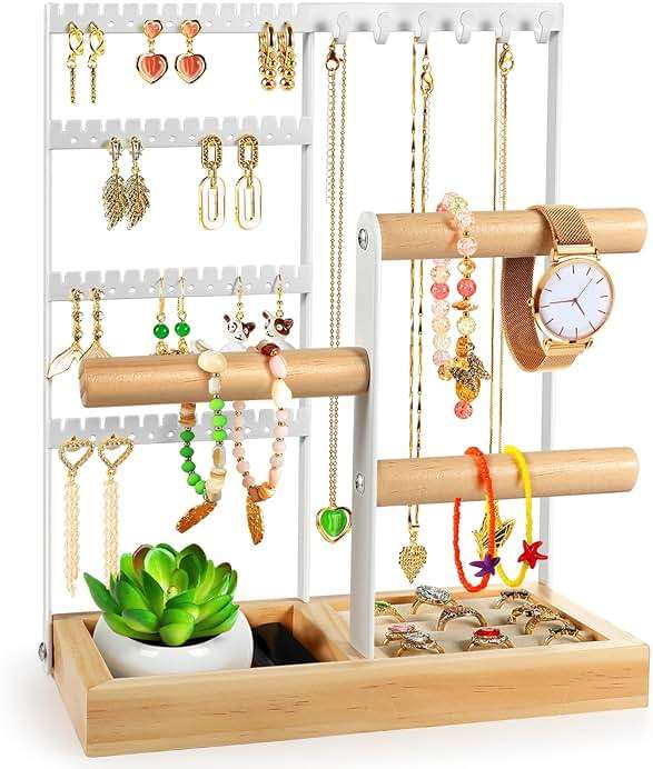 Godboat Jewelry Organizer, 4-Tier Earring Holder Organizer with 48 Holes, 6 Hooks Necklace Rack, Bracelet and Ring Stand with Wood Box, Gifts for Mothers Mom Women, Preppy Stuff & Room Decor, (White) - Image 8