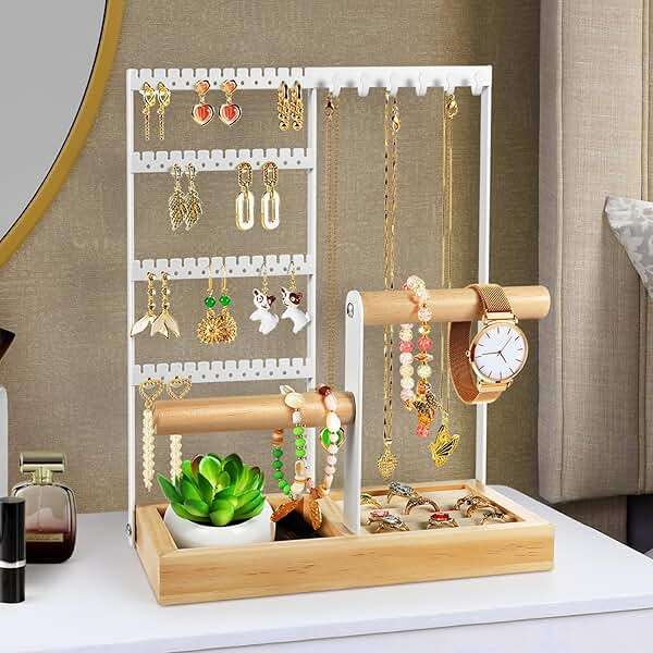 Godboat Jewelry Organizer, 4-Tier Earring Holder Organizer with 48 Holes, 6 Hooks Necklace Rack, Bracelet and Ring Stand with Wood Box, Gifts for Mothers Mom Women, Preppy Stuff & Room Decor, (White) - Image 9