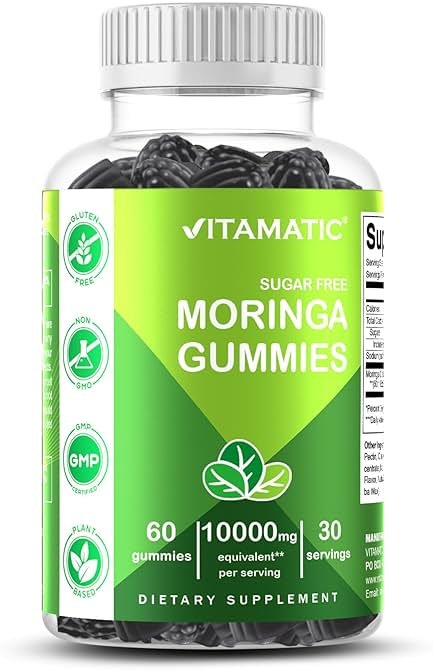 Vitamatic Moringa Gummies – Sugar-Free Botanical Extract – Green Superfood Supplement – Vegan, Pectin-Based, Non-GMO – Plant-Based Gummies – 60 Count - Product Image