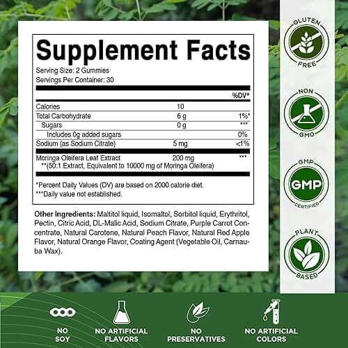 Vitamatic Moringa Gummies – Sugar-Free Botanical Extract – Green Superfood Supplement – Vegan, Pectin-Based, Non-GMO – Plant-Based Gummies – 60 Count - Image 2