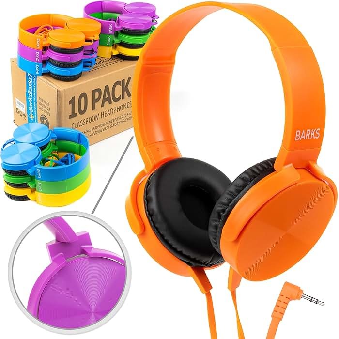 Barks Classroom Headphones Bulk 10 Pack (Select Color, On-Ear, Wired 3.5mm) | Durable Everyday Student Use, Colorful Class Set, Tangle-Free Cords, Adjustable Fit All-Day Comfort, Easy Clean, K-12 Schools - Product Image
