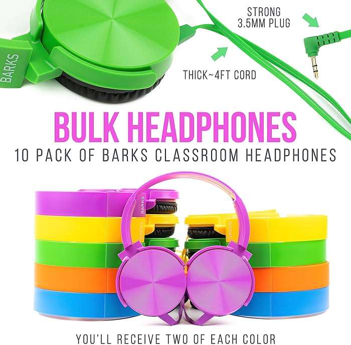 Barks Classroom Headphones Bulk 10 Pack (Select Color, On-Ear, Wired 3.5mm) | Durable Everyday Student Use, Colorful Class Set, Tangle-Free Cords, Adjustable Fit All-Day Comfort, Easy Clean, K-12 Schools - Image 2
