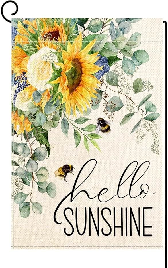 Baccessor Sunflower Garden Flag Hello Sunshine Summer Bee Eucalyptus Leaves Yard Flag 12.5 X 18 Inch Double Sided Burlap Small Flag for Outside Decor - Product Image