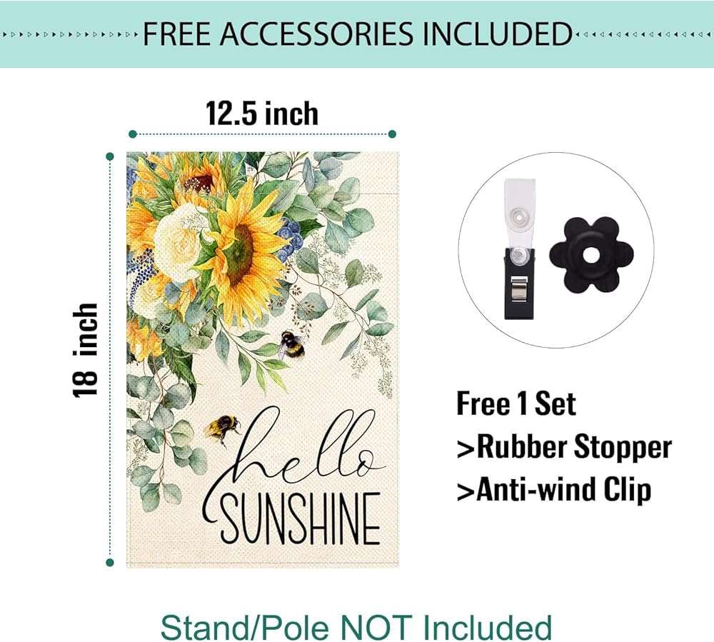 Baccessor Sunflower Garden Flag Hello Sunshine Summer Bee Eucalyptus Leaves Yard Flag 12.5 X 18 Inch Double Sided Burlap Small Flag for Outside Decor - Image 2