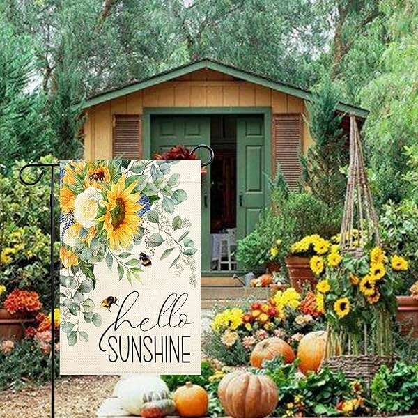 Baccessor Sunflower Garden Flag Hello Sunshine Summer Bee Eucalyptus Leaves Yard Flag 12.5 X 18 Inch Double Sided Burlap Small Flag for Outside Decor - Image 4