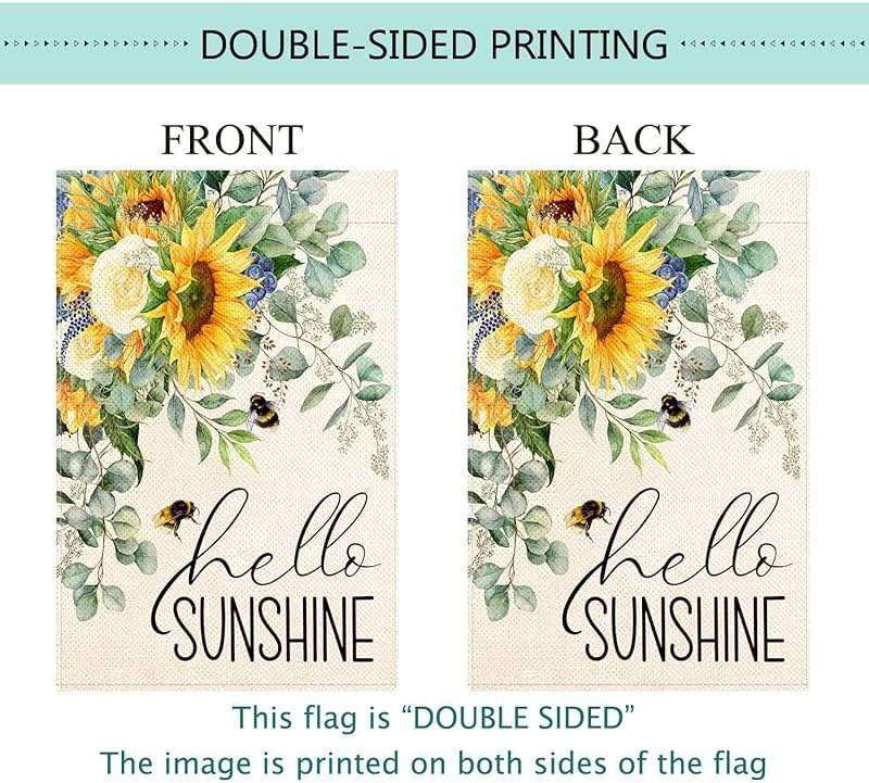 Baccessor Sunflower Garden Flag Hello Sunshine Summer Bee Eucalyptus Leaves Yard Flag 12.5 X 18 Inch Double Sided Burlap Small Flag for Outside Decor - Image 5