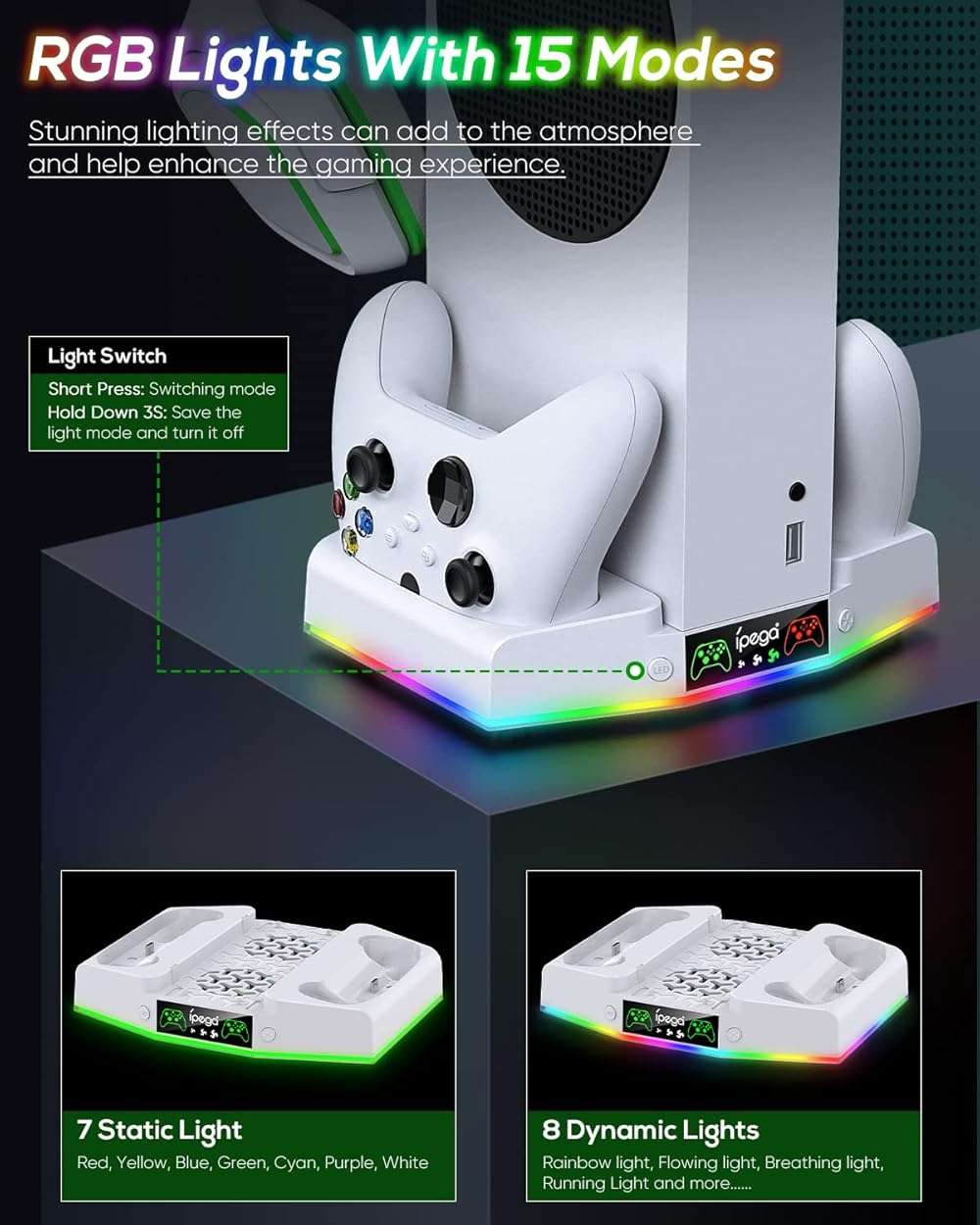 Cooling Stand & Charging Station for Xbox Series S with RGB Light Strip,Dual Controller Charger & Cooler Fan for XSS Console Accessories with 2*1400mAH Rechargeable Battery Pack,1*Headphone Hook,White - Image 4