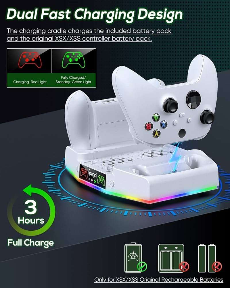 Cooling Stand & Charging Station for Xbox Series S with RGB Light Strip,Dual Controller Charger & Cooler Fan for XSS Console Accessories with 2*1400mAH Rechargeable Battery Pack,1*Headphone Hook,White - Image 6