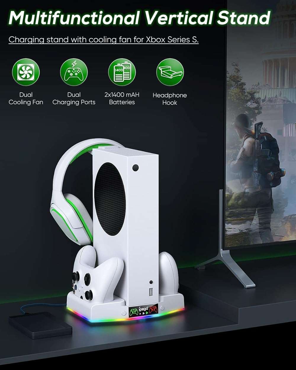 Cooling Stand & Charging Station for Xbox Series S with RGB Light Strip,Dual Controller Charger & Cooler Fan for XSS Console Accessories with 2*1400mAH Rechargeable Battery Pack,1*Headphone Hook,White - Image 8