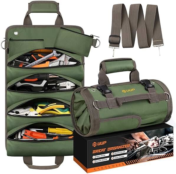 Tool Bag Roll Up, UUP Heavy Duty Portable Soft Tool Storage, Foldable Empty Rollup Organizer with Small Pockets, Official Rollable Toolbag, Father Day Gifts for Him Dad Men Mechanic Welding, Green - Product Image