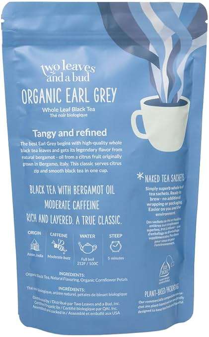 Two Leaves and a Bud Organic Earl Grey - 50 Naked Tea Sachets - Whole Leaf Black Tea in Eco-Friendly Unwrapped Compostable Sachets, Resealable Bag, 50 Count (Pack of 1) - Image 2