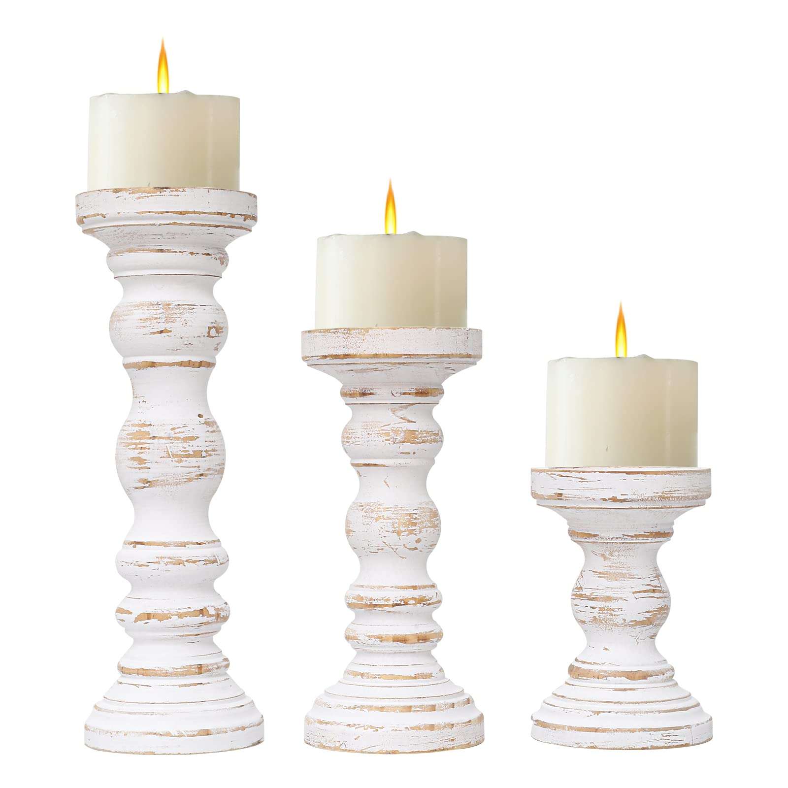 SWALLOWLIVING Rustic Farmhouse Wood Pillar Candle Holder Set of 3 for Candlestick, White - Image 1