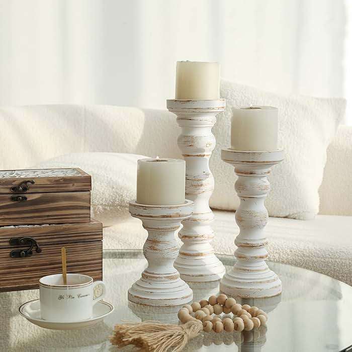 SWALLOWLIVING Rustic Farmhouse Wood Pillar Candle Holder Set of 3 for Candlestick, White - Image 2