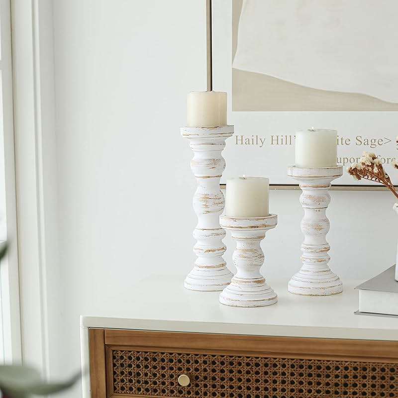 SWALLOWLIVING Rustic Farmhouse Wood Pillar Candle Holder Set of 3 for Candlestick, White - Image 5