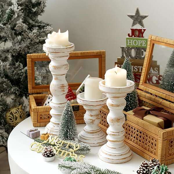 SWALLOWLIVING Rustic Farmhouse Wood Pillar Candle Holder Set of 3 for Candlestick, White - Image 6