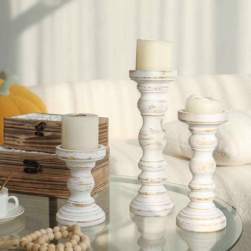 SWALLOWLIVING Rustic Farmhouse Wood Pillar Candle Holder Set of 3 for Candlestick, White - Image 7