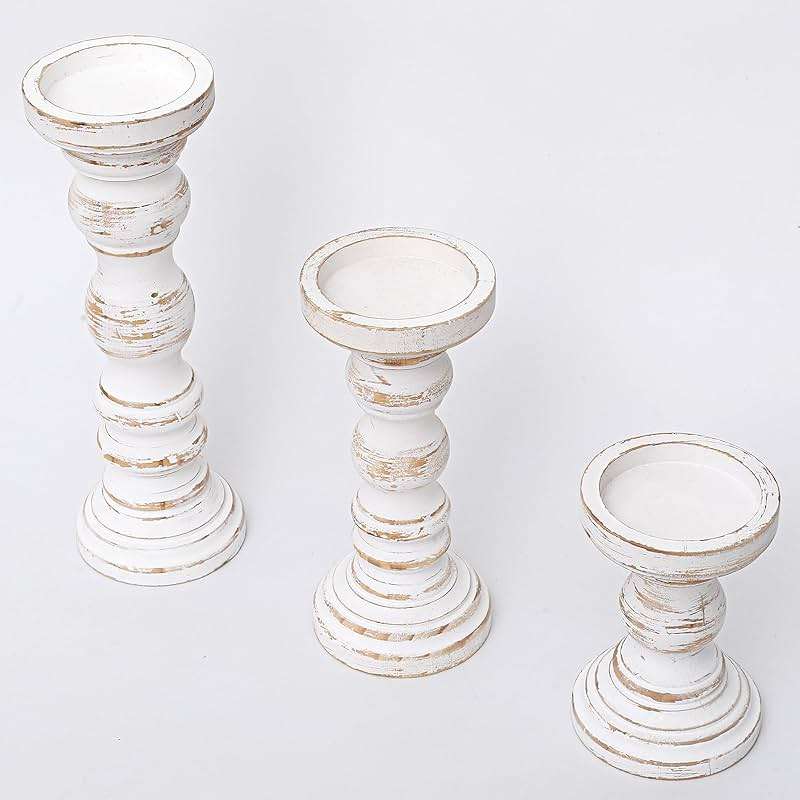 SWALLOWLIVING Rustic Farmhouse Wood Pillar Candle Holder Set of 3 for Candlestick, White - Image 8