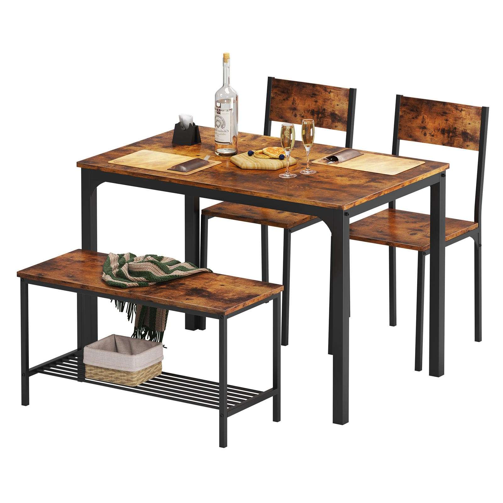 soges 4 Person Dining Table Set, 43.3inch Kitchen Table Set for 4, Dining Room 2 Chairs with Backrest, 2-Person Bench with Storage Rack, Vintage Brown - Image 1