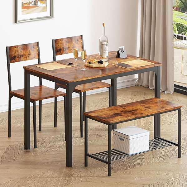 soges 4 Person Dining Table Set, 43.3inch Kitchen Table Set for 4, Dining Room 2 Chairs with Backrest, 2-Person Bench with Storage Rack, Vintage Brown - Image 2