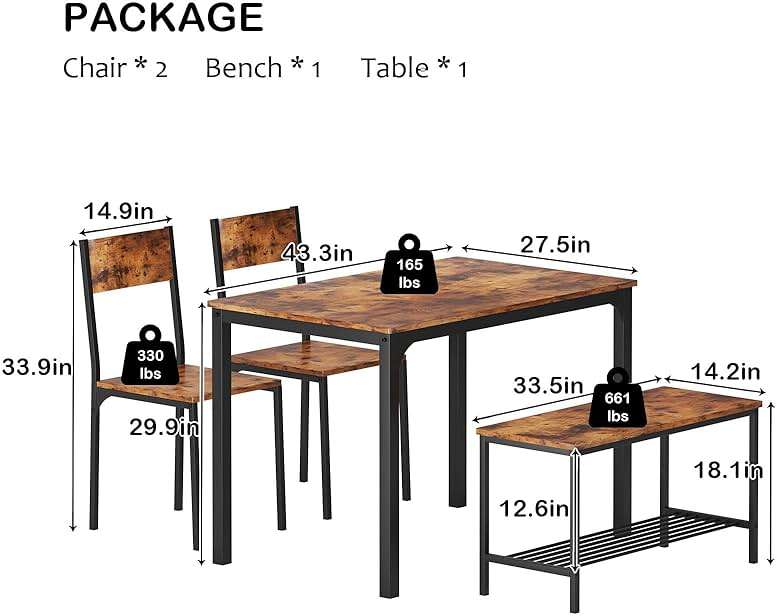 soges 4 Person Dining Table Set, 43.3inch Kitchen Table Set for 4, Dining Room 2 Chairs with Backrest, 2-Person Bench with Storage Rack, Vintage Brown - Image 3