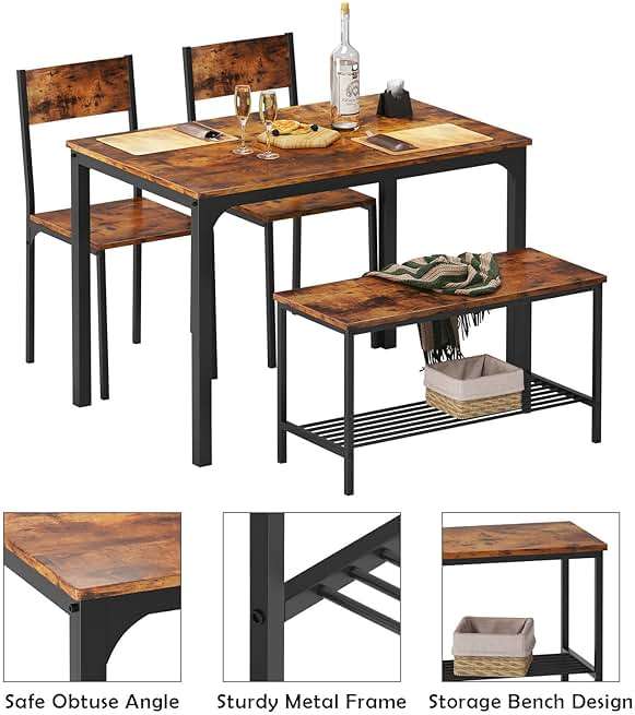 soges 4 Person Dining Table Set, 43.3inch Kitchen Table Set for 4, Dining Room 2 Chairs with Backrest, 2-Person Bench with Storage Rack, Vintage Brown - Image 4