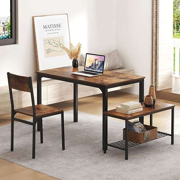 soges 4 Person Dining Table Set, 43.3inch Kitchen Table Set for 4, Dining Room 2 Chairs with Backrest, 2-Person Bench with Storage Rack, Vintage Brown - Image 7