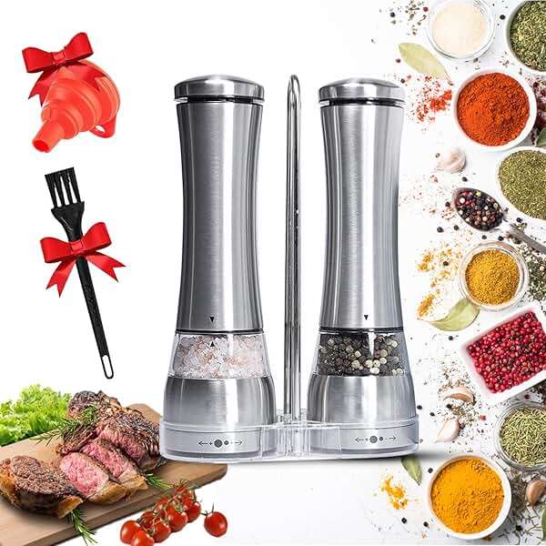 Electric Salt and Pepper Shakers – Adjustable Coarseness Electric Rechargeable Salt and Pepper Grinder Set – Battery Operated Pepper Mill and Salt Mill – Stainless Steel Electric Spice Grinder Set - Image 3