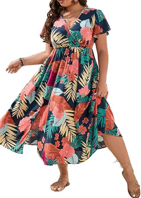 Floerns Women's Plus Size Boho Hawaiian Tropical Dresses V Neck Short Sleeve Floral A Line Long Dress Vacation Beach Outfits - Image 1