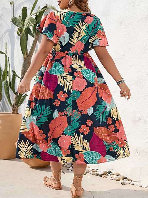 Floerns Women's Plus Size Boho Hawaiian Tropical Dresses V Neck Short Sleeve Floral A Line Long Dress Vacation Beach Outfits - Image 2