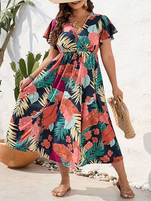 Floerns Women's Plus Size Boho Hawaiian Tropical Dresses V Neck Short Sleeve Floral A Line Long Dress Vacation Beach Outfits - Image 4