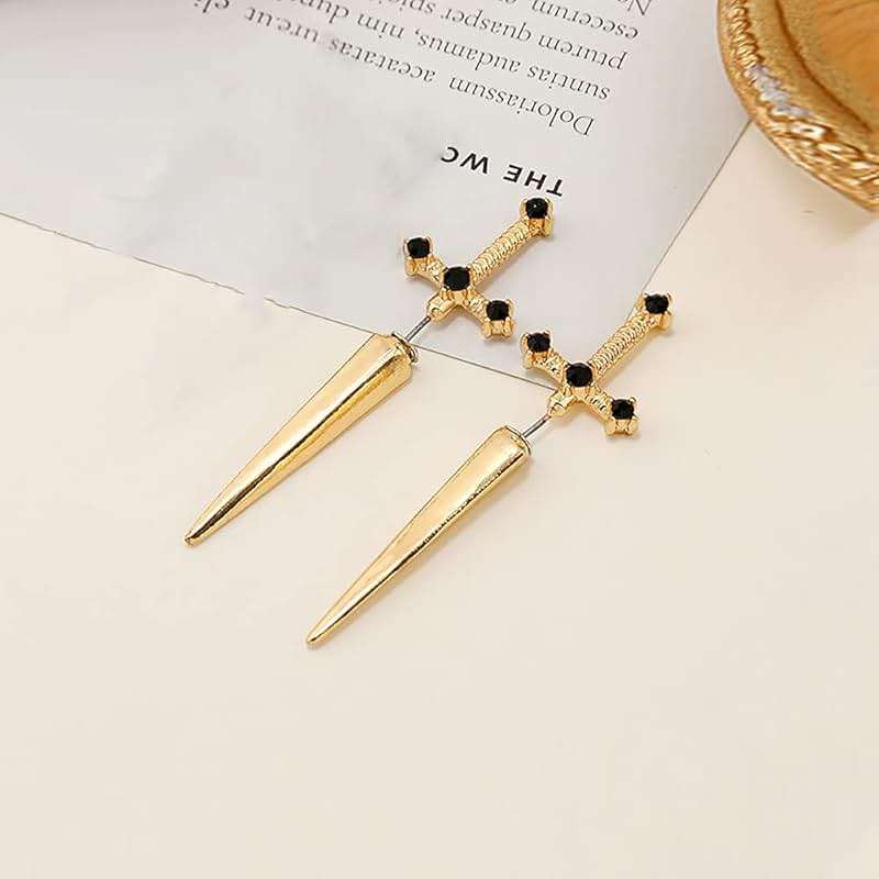 Gothic Sword Earrings Rhinestone Dagger Earrings Black Retro Sword Screw Earrings Cubic Zirconia Punk Sword Earrings Front Back Stud Earrings for Women - Image 6