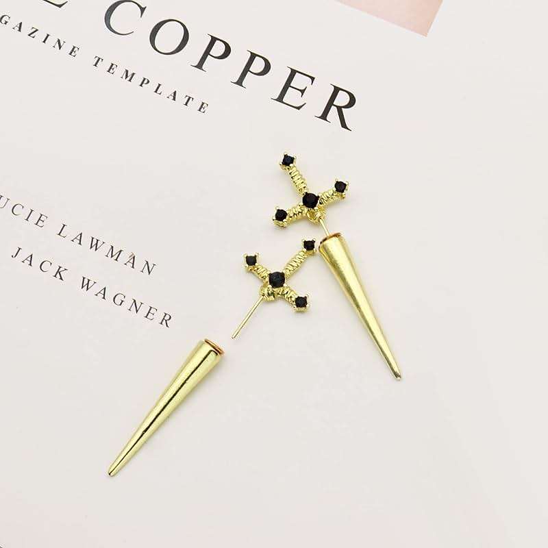 Gothic Sword Earrings Rhinestone Dagger Earrings Black Retro Sword Screw Earrings Cubic Zirconia Punk Sword Earrings Front Back Stud Earrings for Women - Image 8